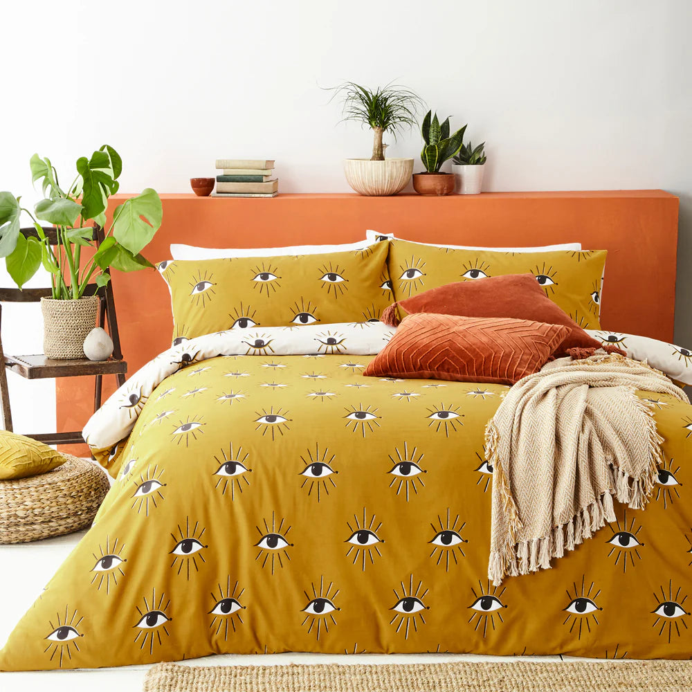Furn Theia Abstract Eye Duvet Cover Set Ochre yellow Bedding Set