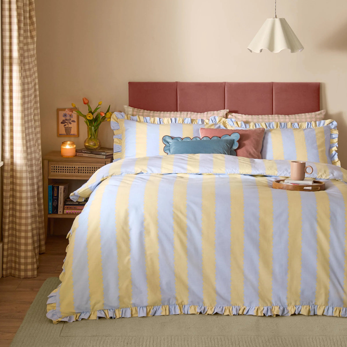 Wylder Birdie Stripe Ruffle Duvet Cover Set Lemon and blue