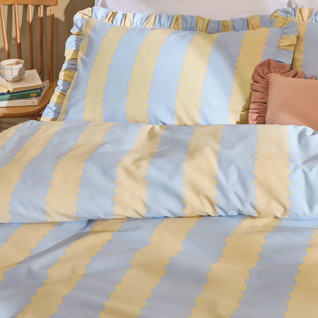 Wylder Birdie Stripe Ruffle Duvet Cover Set Lemon and blue