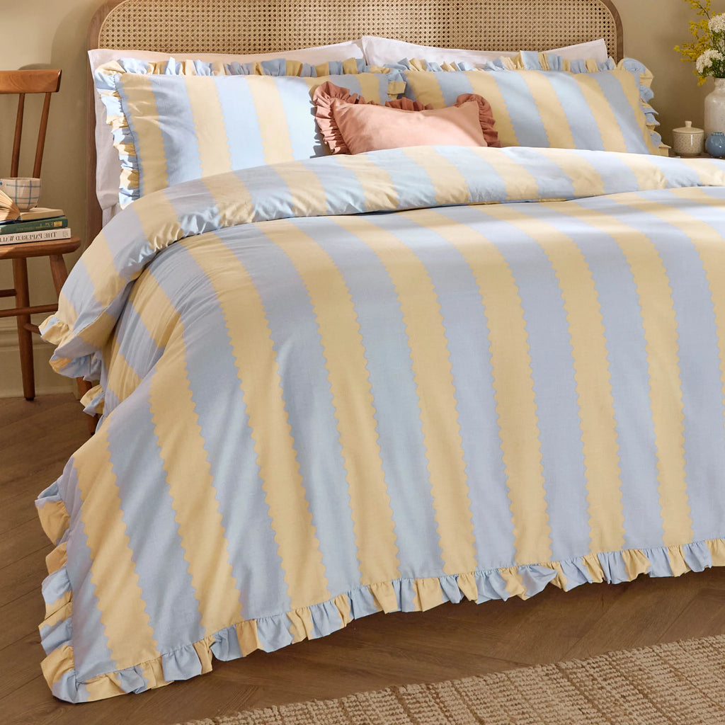 Wylder Birdie Stripe Ruffle Duvet Cover Set Lemon and blue