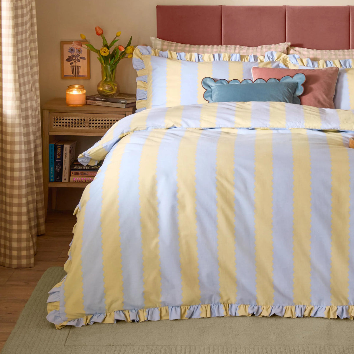Wylder Birdie Stripe Ruffle Duvet Cover Set Lemon and blue