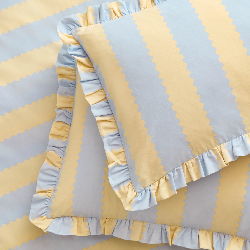 Wylder Birdie Stripe Ruffle Duvet Cover Set Lemon and blue