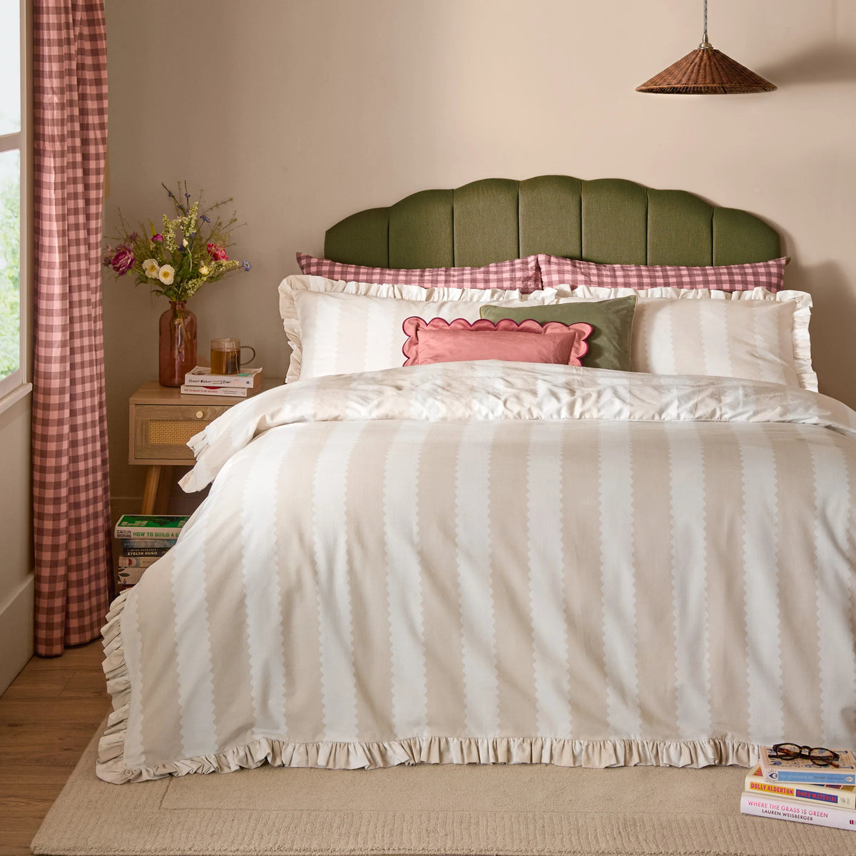 Wylder Birdie Stripe Ruffle Duvet Cover Set Oat and Milk