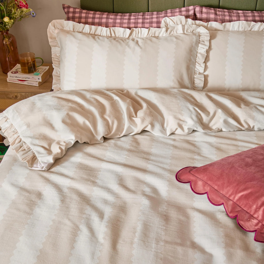 Wylder Birdie Stripe Ruffle Duvet Cover Set Oat and Milk
