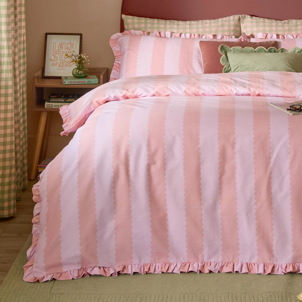Wylder Birdie Stripe Ruffle Duvet Cover Set Pink