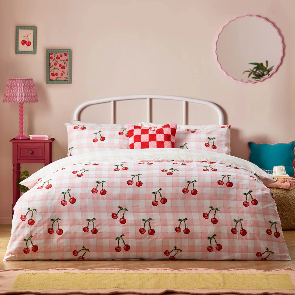 Heya Home Cherry Gingham Printed Duvet Cover Set Pink