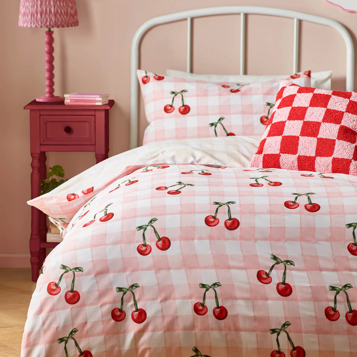 Heya Home Cherry Gingham Printed Duvet Cover Set Pink