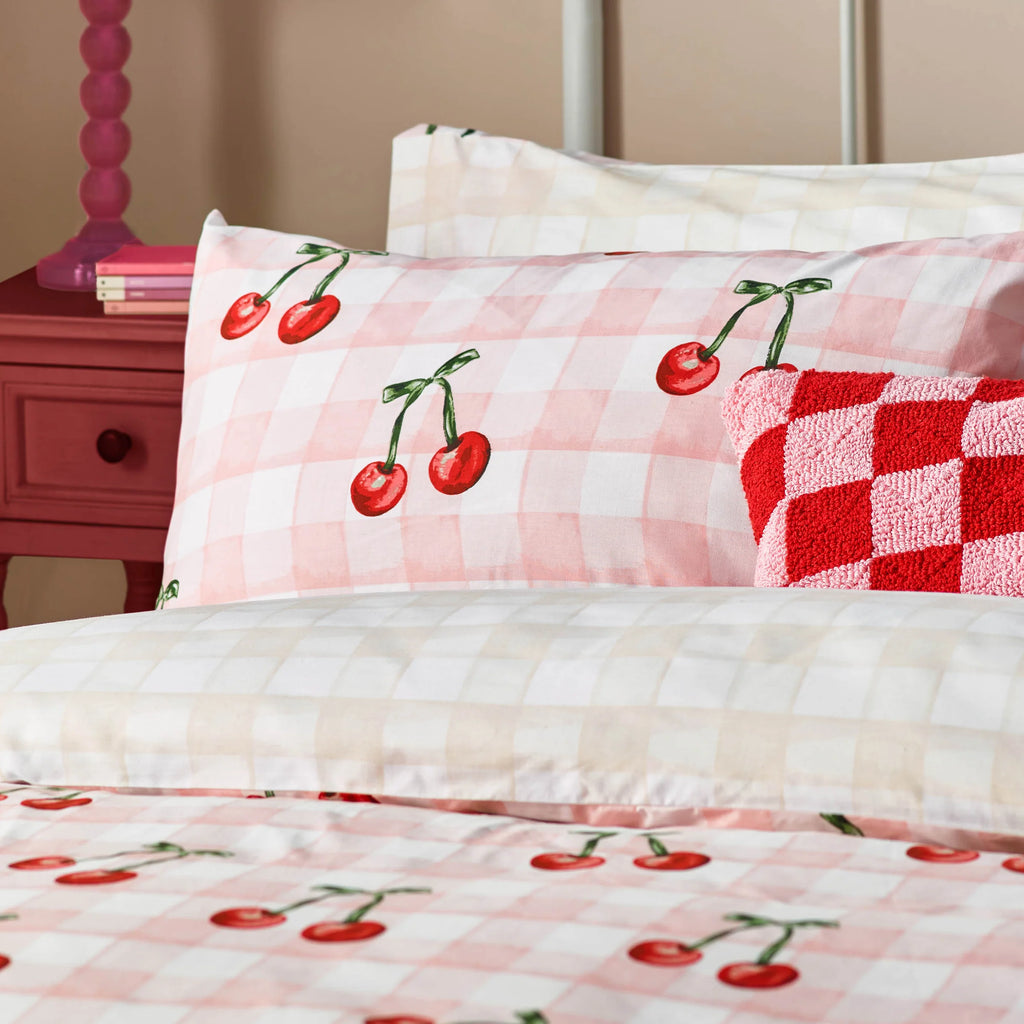 Heya Home Cherry Gingham Printed Duvet Cover Set Pink