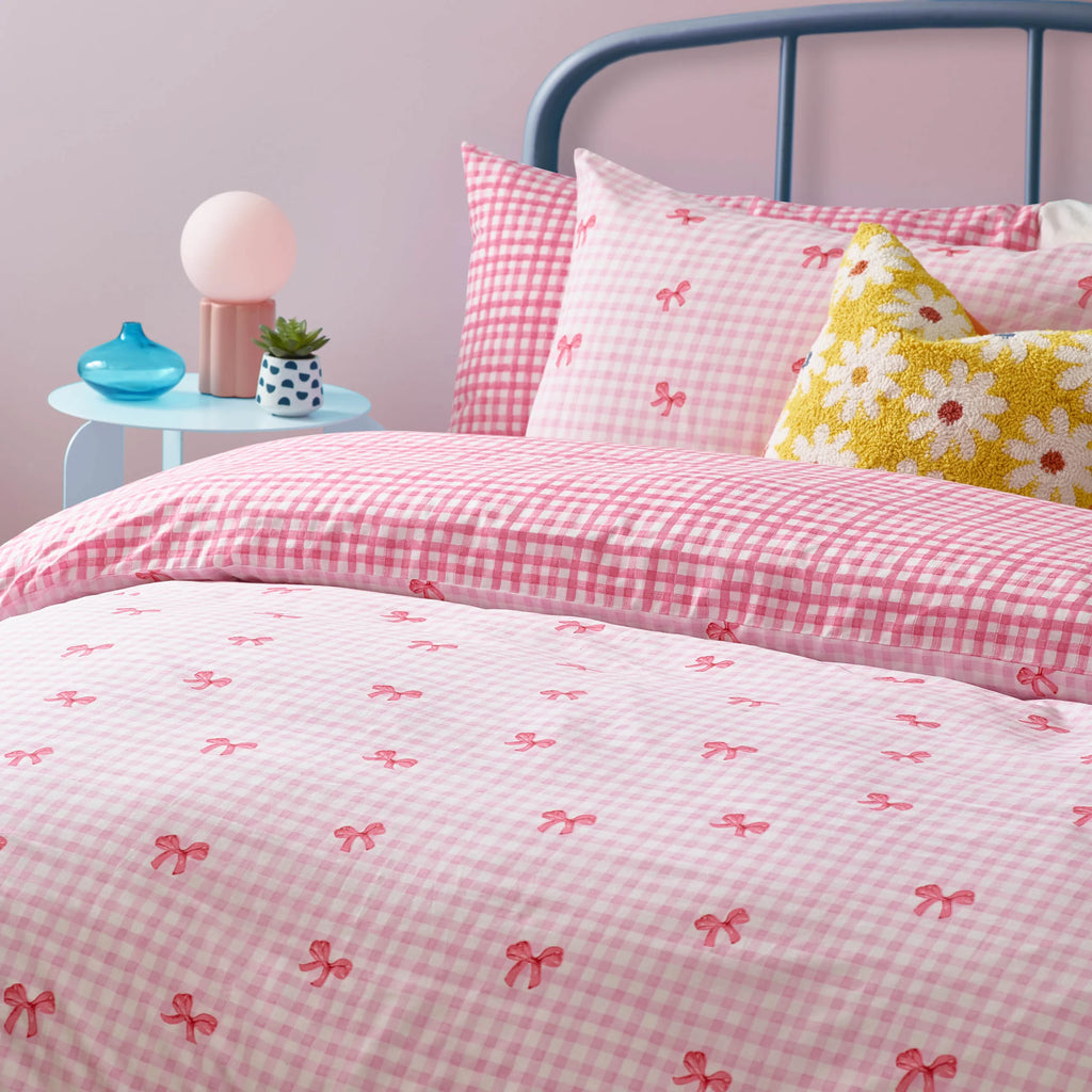 Heya Home Gingham Bows Printed Duvet Cover Set Pink