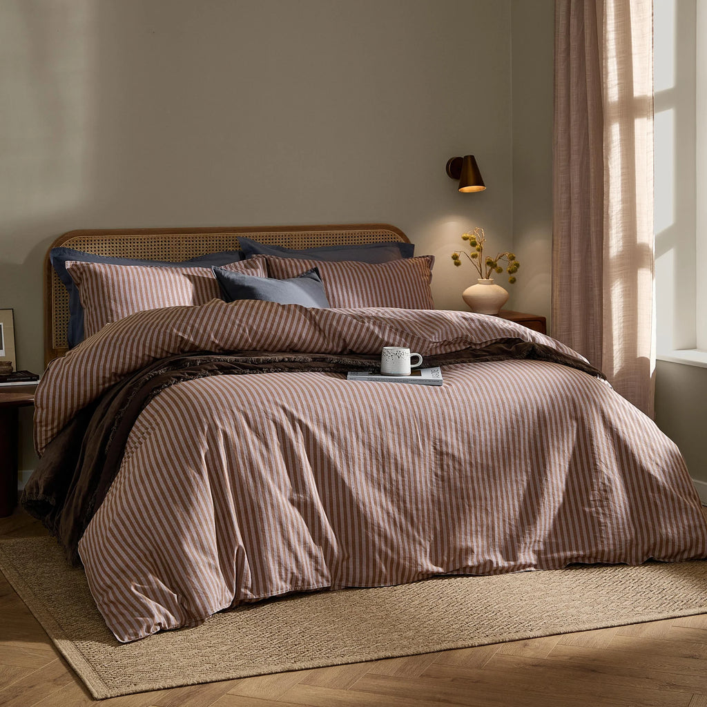 Yard Marlow Stripe 100% Cotton Duvet Cover Set Cocoa/Vintage Blue