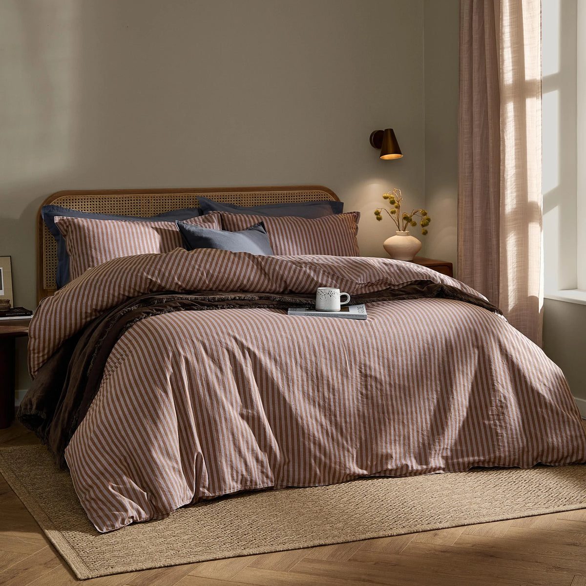 Yard Marlow Stripe 100% Cotton Duvet Cover Set Cocoa/Vintage Blue