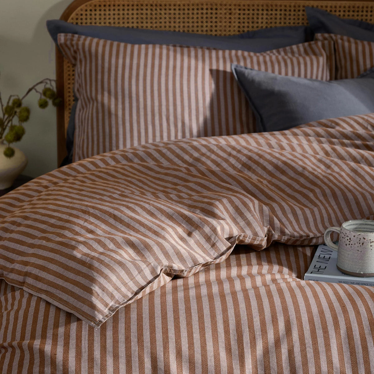 Yard Marlow Stripe 100% Cotton Duvet Cover Set Cocoa/Vintage Blue