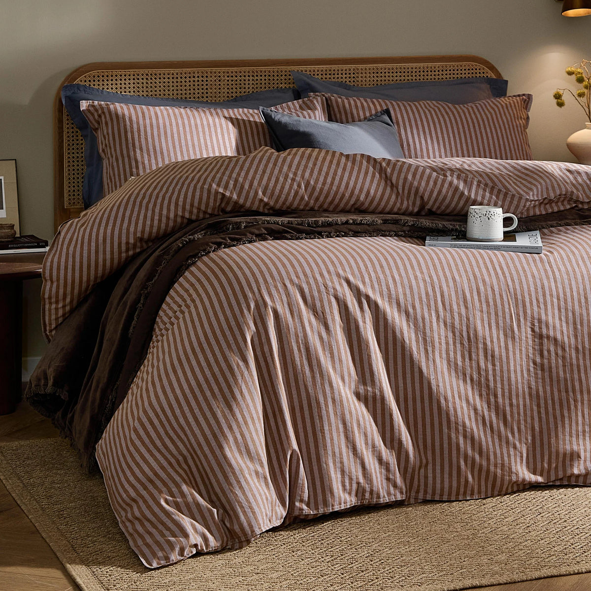 Yard Marlow Stripe 100% Cotton Duvet Cover Set Cocoa/Vintage Blue