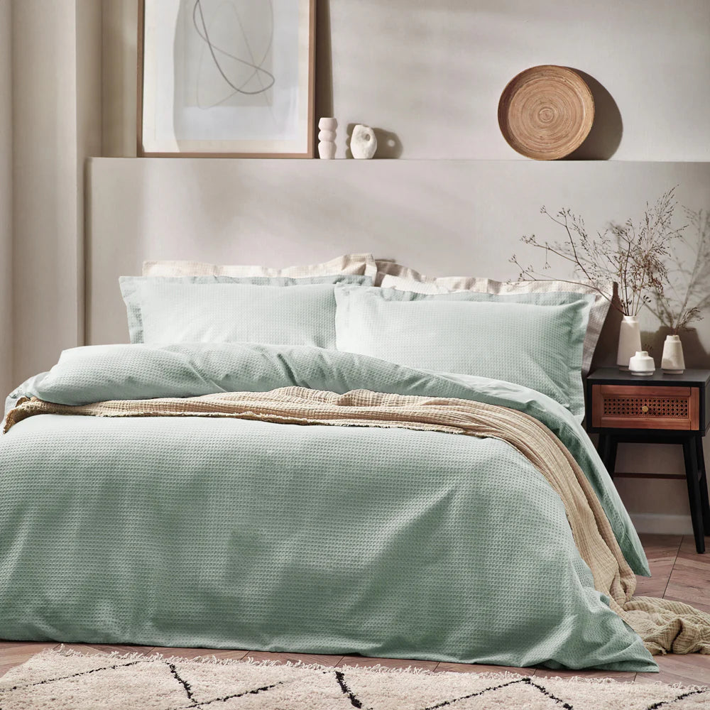 Yard Waffle Textured 100% Cotton Duvet Cover Set in blue