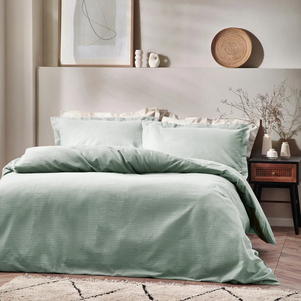 Yard Waffle Textured 100% Cotton Duvet Cover Set in blue
